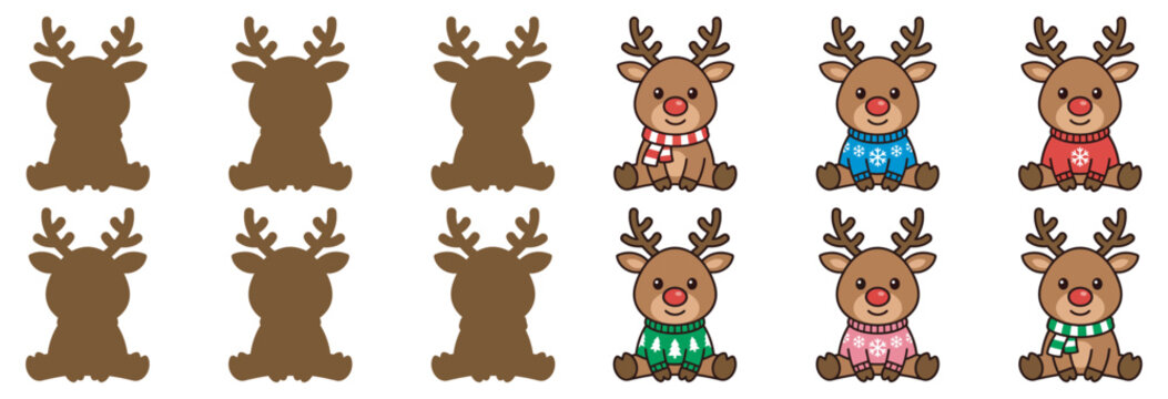 Collection of cute cartoon reindeer with red noses and festive sweaters on transparent background