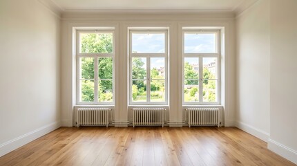 Fototapeta premium Bright empty room with wooden parquet floor and three big windows overlooking a green garden