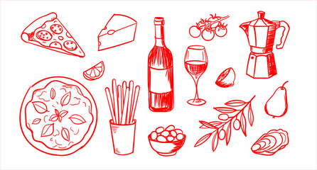 Hand-drawn collection of Italian food and drink icons, including pizza, wine, coffee maker, olives, and cheese, sketched in a red line art style. © Creative Doodles