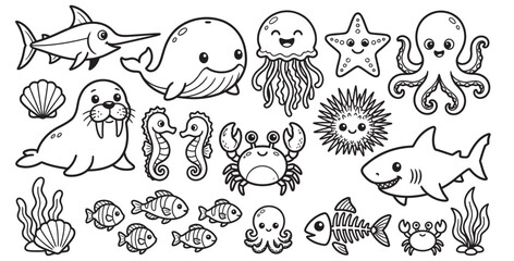 Fototapeta premium Collection of cute and friendly cartoon sea creatures and ocean life on transparent background