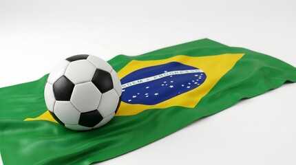 Fototapeta premium Soccer ball resting on a wrinkled national flag of Brazil against a white studio background
