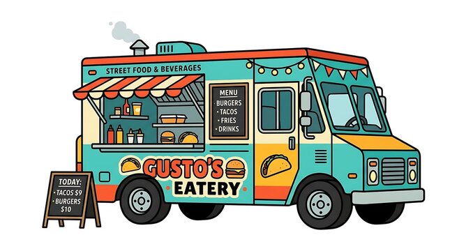 Colorful vintage diner food truck on street.
