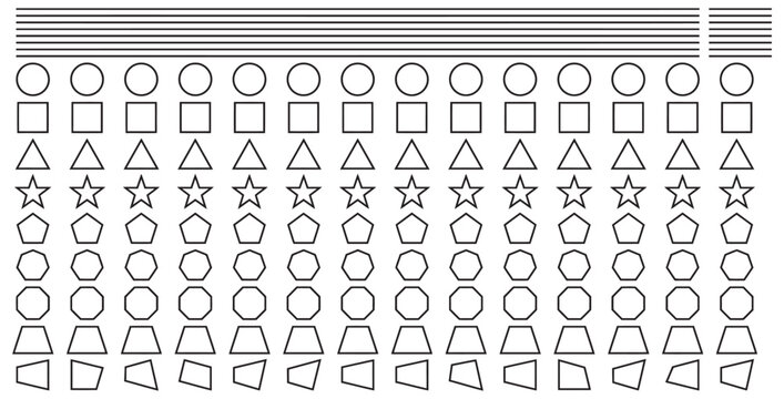 Collection of basic geometric shapes and lines arranged in a grid pattern on transparent background