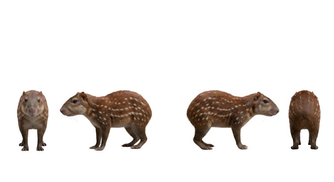 Paca displays its characteristic spotted coat and rounded form in this comprehensive multi-angle view for educational purposes.