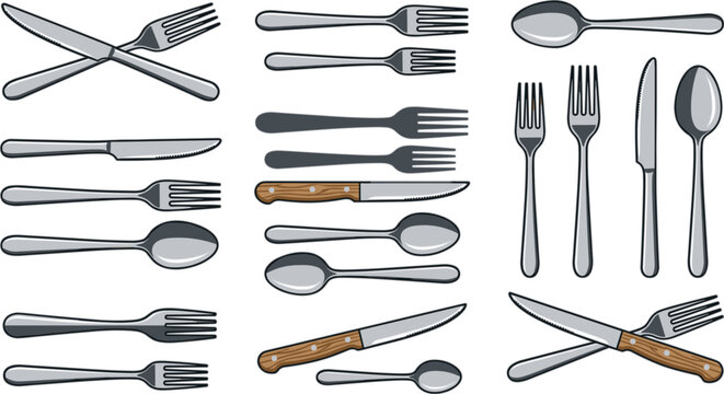 Tableware flat vector silverware icon set featuring stainless steel forks spoons knives and wooden handle cutlery elements