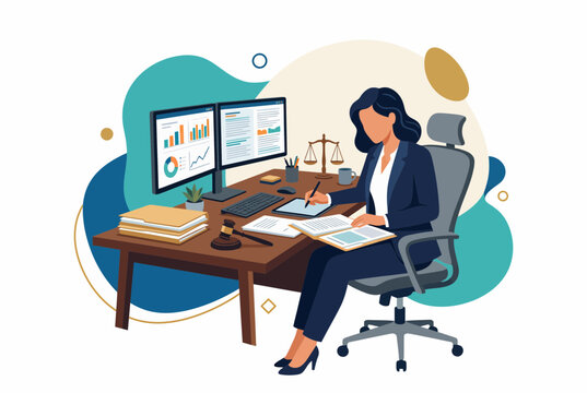 Professional Female Lawyer Reviewing Legal Documents at Modern Desk