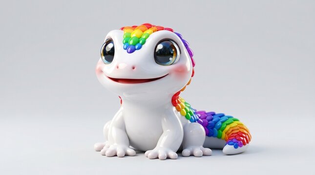 Adorable baby lizard character featuring a shiny white body and vibrant rainbow scales sitting peacefully against a clean white background