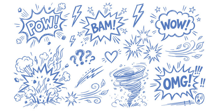 Collection of comic book style sound effects and action explosions drawn in blue ink on transparent background