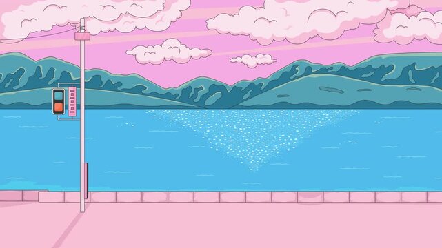 Serene japanese seaside with traffic light and distant mountains animated lofi background. Anime chill countryside sidewalk. Lo Fi aesthetic 4K video. Flat 2D cartoon nostalgic backdrop animation