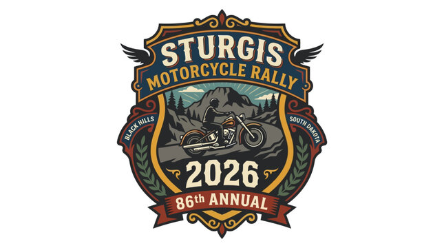 Vintage motorcycle rally badge 2026 rider mountain landscape design AQ