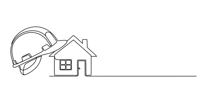 Illustration of construction builder hard hat helmet intersecting with a real estate house line, property development, hand drawn outline vector illustration.
