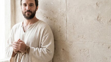Obraz premium Apostle Paul with hands bound in thick rope leans against a textured stone wall in a quiet moment of prayer and faith.