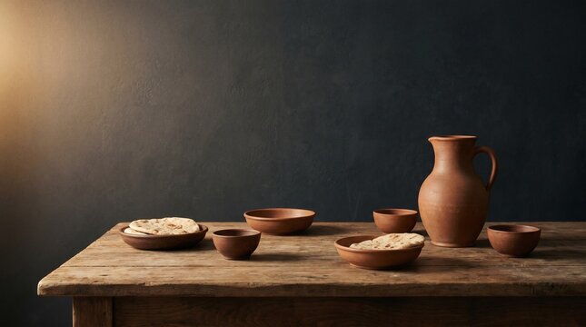 A minimalist still life of a wooden table set with a clay pitcher, terracotta bowls, and unleavened flatbread, representing the Last Supper and Communion.