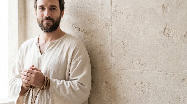 Apostle Paul with hands bound in thick rope leans against a textured stone wall in a quiet moment of prayer and faith.