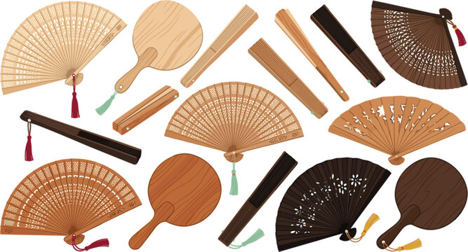 Wooden hand fan vector set featuring traditional Asian folding fans paddle uchiwa style fans and carved openwork accessories
