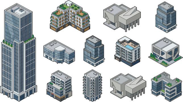 Isometric city building set with modern skyscrapers office towers luxury apartments and futuristic architecture game assets