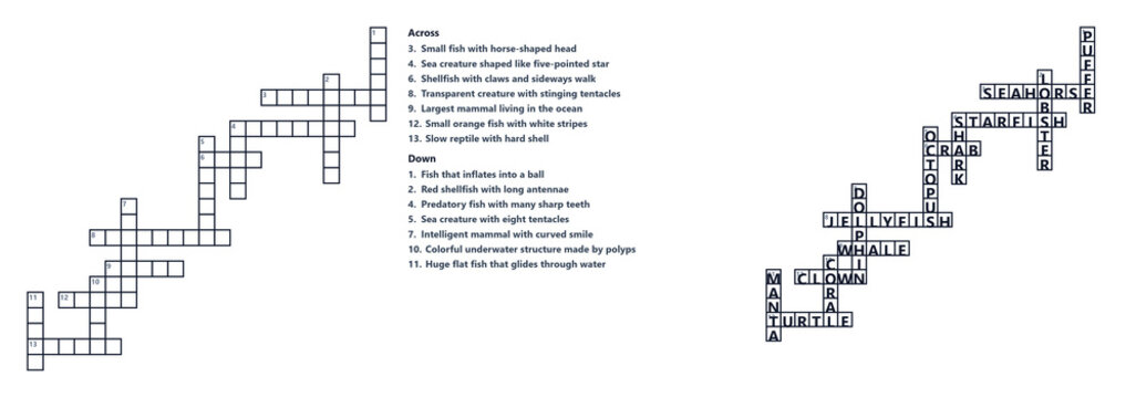 Crossword puzzle template with clues and answers in black and white  