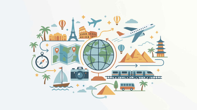 Colorful travel icons surround a globe, showcasing landmarks and modes of transportation