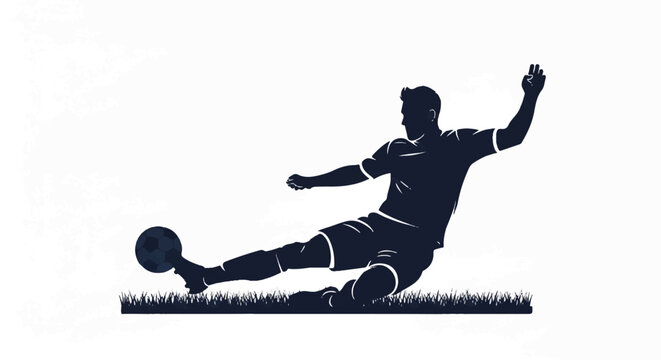 A soccer defender performing a perfectly timed slide tackle on the grass, reaching for the ball with one leg extended, sense of speed and urgency, sharp silhouette, minimalist flat vector