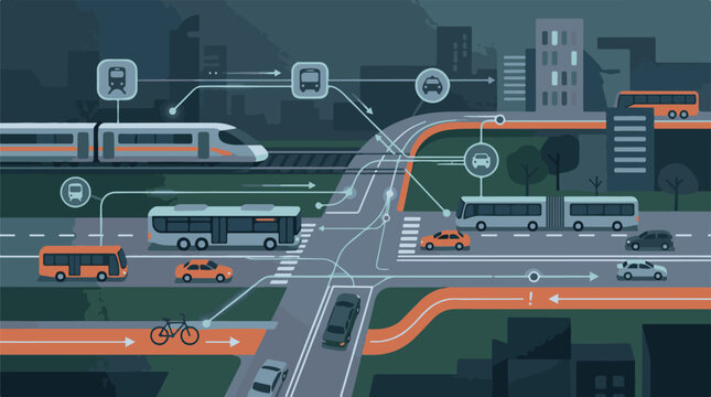 A city intersection with various vehicles and a train on elevated tracks