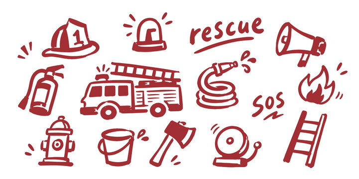 Fire Rescue Equipment Doodle Set Vector Illustration