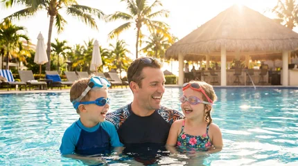 Father and Children Laughing Together in Swimming Pool Wearing Goggles © GeniusMinus