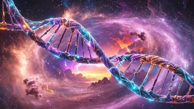 A glowing double helix structure floats above a cosmic landscape