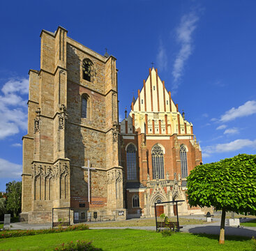 The gothic bell tower standing next to the Minor Basilica of St. Agnes and St. James in Nysa, south Poland