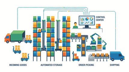 Fototapeta premium Automated Warehouse Storage System with Order Picking and Shipping Flow