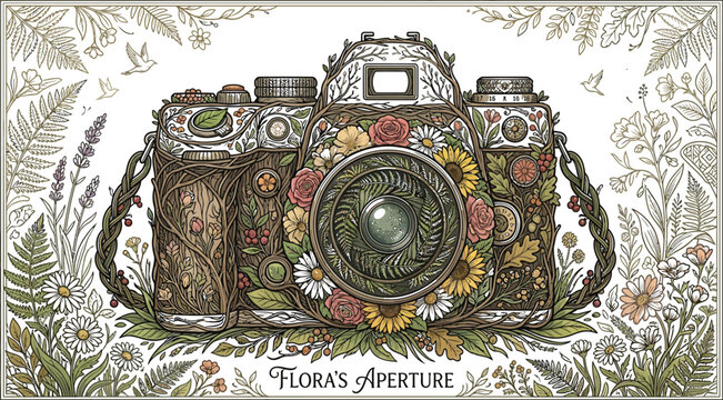 Vintage camera adorned with colorful flowers and leaves in a whimsical illustration style with floral patterns and a braided vine strap around the lens
