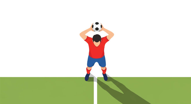 A soccer player standing at the touchline with feet planted, holding the ball with both hands behind his head ready for a long throw-in, overhead perspective, minimalist flat vector artwork,