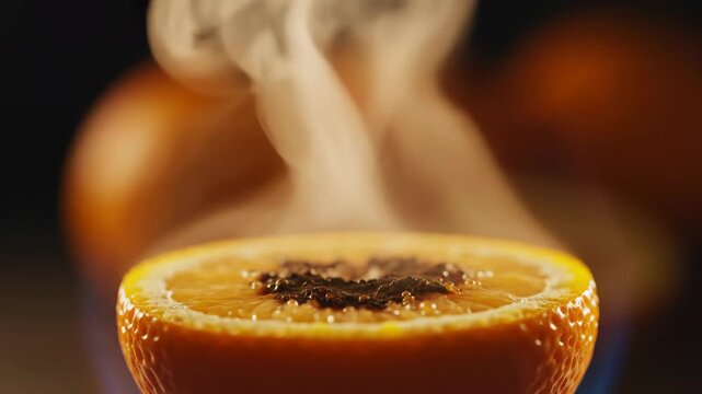 Close-up macro view of halved orange heated until steam and citrus vapor rise from the scorched center, showcasing essential oil droplets on surface with soft bokeh background.
