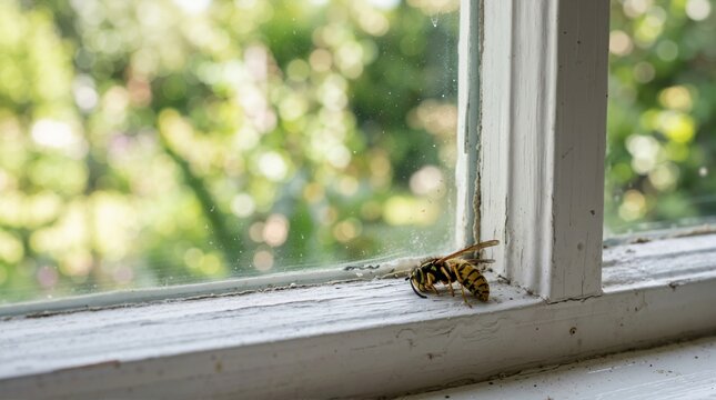 Dead yellow jacket wasp on peeling white wooden window sill. Close-up of insect with blurred green foliage background