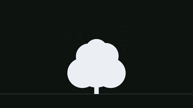 Minimalist flat tree animation with falling snow particles on animation black background
