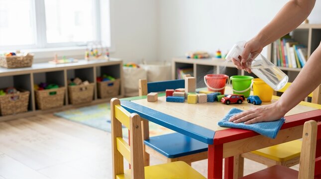Person disinfecting colorful children's play table. Hands spraying and wiping wooden furniture in bright playroom