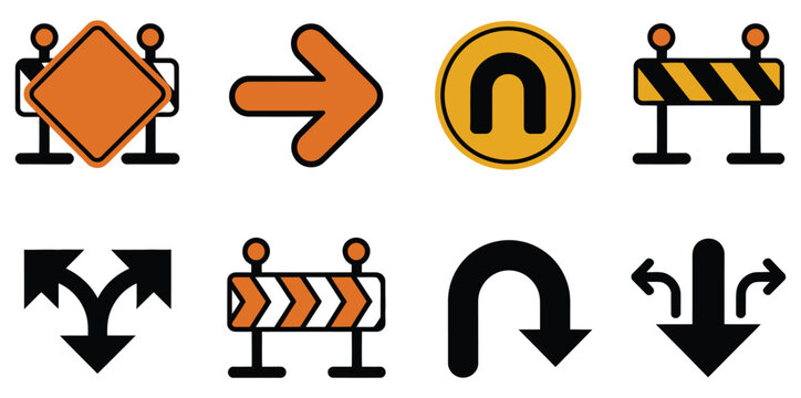 Road Sign Icon Designs Featuring Detour, Diversion, Traffic Redirection Symbols, Construction Barriers and Directional Arrows for Safety Vector Illustration