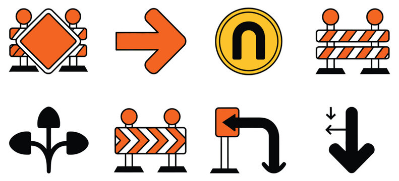Road Sign Icon Designs Showing Traffic Diversion Routes, Detour Markers, Construction Barriers and Directional Guidance Symbols Vector Illustration