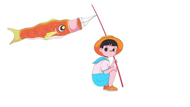 Japanese child crouching with koinobori carp streamer 2D character animation. Children day celebration. Young boy holding koi windsock animated person cartoon 4K video on transparent background