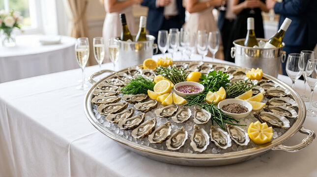 Elegant silver platter of fresh raw oysters on ice at a formal event. Luxury seafood catering with lemon and sauces for a wedding reception