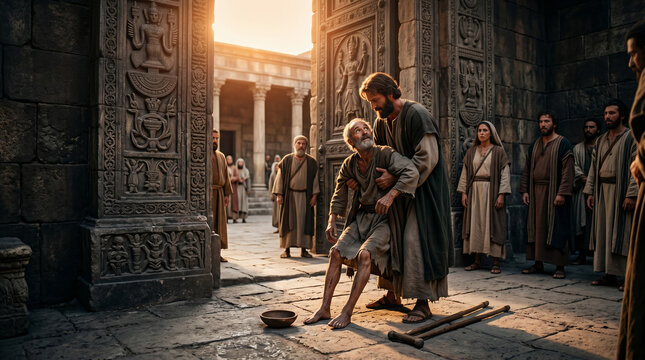 Apostle Peter helping crippled man at temple gate. Historical biblical scene showing miracle of healing described in Acts 3. Religious reenactment of ancient faith and divine grace