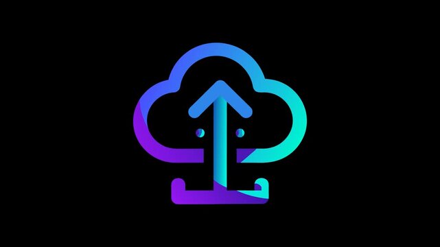 Animated Neon Cloud Upload Icon Moving From Side View to Front on Transparent Background
