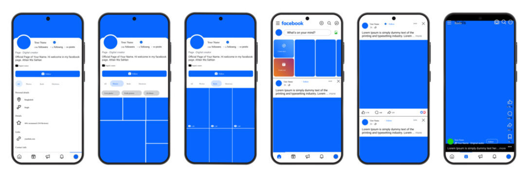 New Facebook interface mockup showing Profile feed, Page layout, Reels, photos and Post screen in modern smartphone template, Editorial vector file