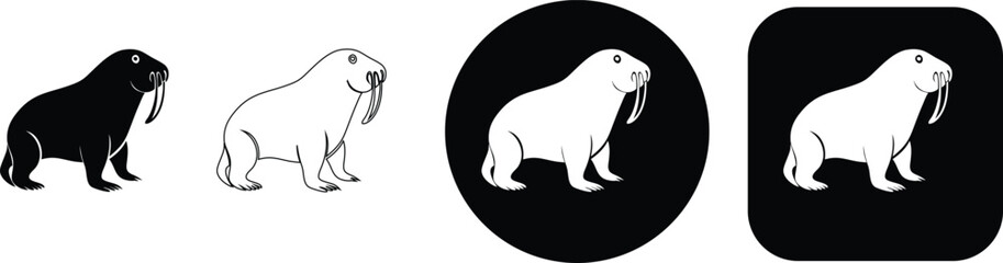 Fototapeta premium Four variations of a side profile walrus including black silhouette, outline, and circular or square button formats