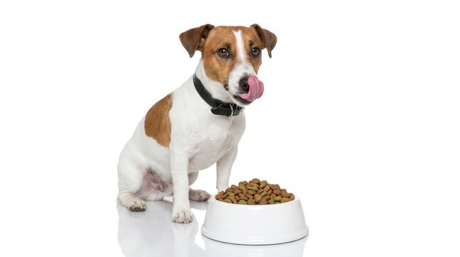 Adorable Jack Russell Terrier Dog with a Black Collar and a Bowl of Dog Food, Ready to Eat.
