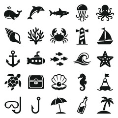 Obraz premium Black and white ocean icons set.