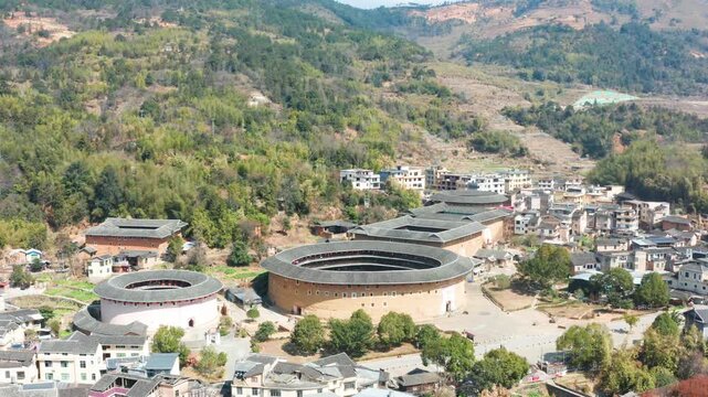 Aerial View of Hakka Tulou Earthen Buildings in Fujian China