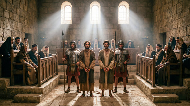 Apostles Peter and John standing before the Jewish leaders and high priests for interrogation. Biblical scene from Acts of the Apostles. Ancient middle eastern historical reenactment