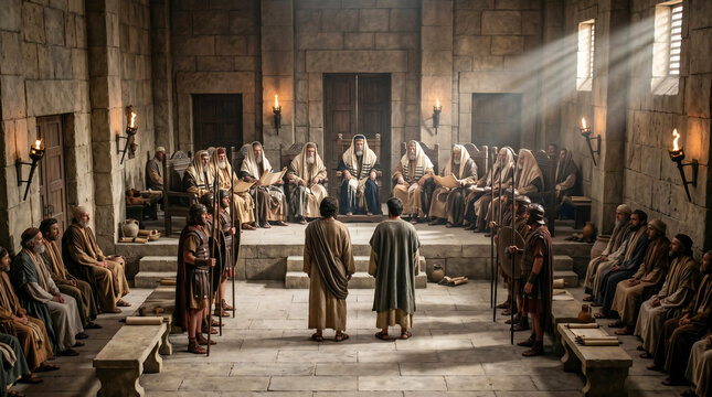 Apostles Peter and John standing before the Jewish leaders and high priests for interrogation. Biblical scene from Acts of the Apostles. Ancient middle eastern historical reenactment