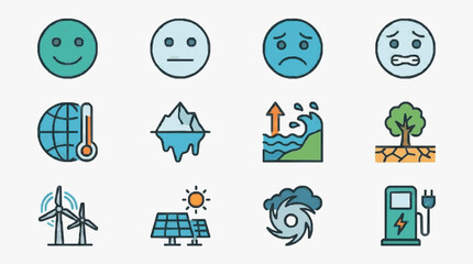 Fototapeta na wymiar Clean Illustrated Icons Set Featuring Emotions Climate Change Renewable Energy and Natural Disasters