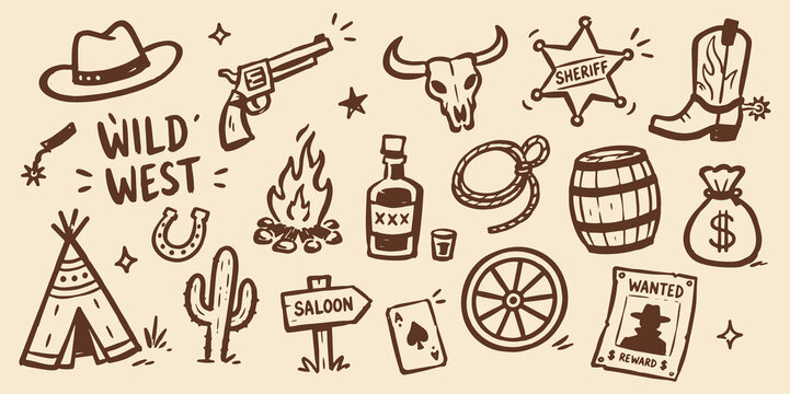 Wild West Cowboy Doodle Set Vector Illustration